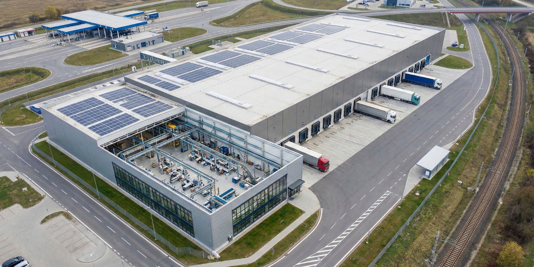 Luftaufnahme eines modernen Nearshoring-Logistikzentrums mit Solaranlagen auf dem Dach und einem sichtbaren Produktionsbereich, angrenzend an eine Autobahn und eine Bahnlinie. Mehrere LKW stehen an den Laderampen.